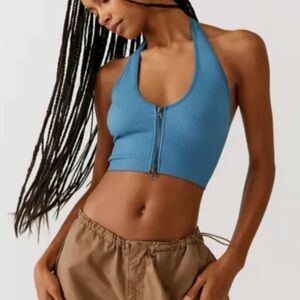 NWT Urban Outfitters Out From Under Jackie Seamless ZipUp Halter Bra Top Blue XL
